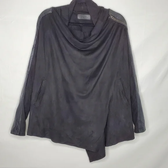 BLANKNYC Drape Front Oversized Jacket Size S Faux Leather Sleeves Lagenlook Chic - Picture 2 of 14